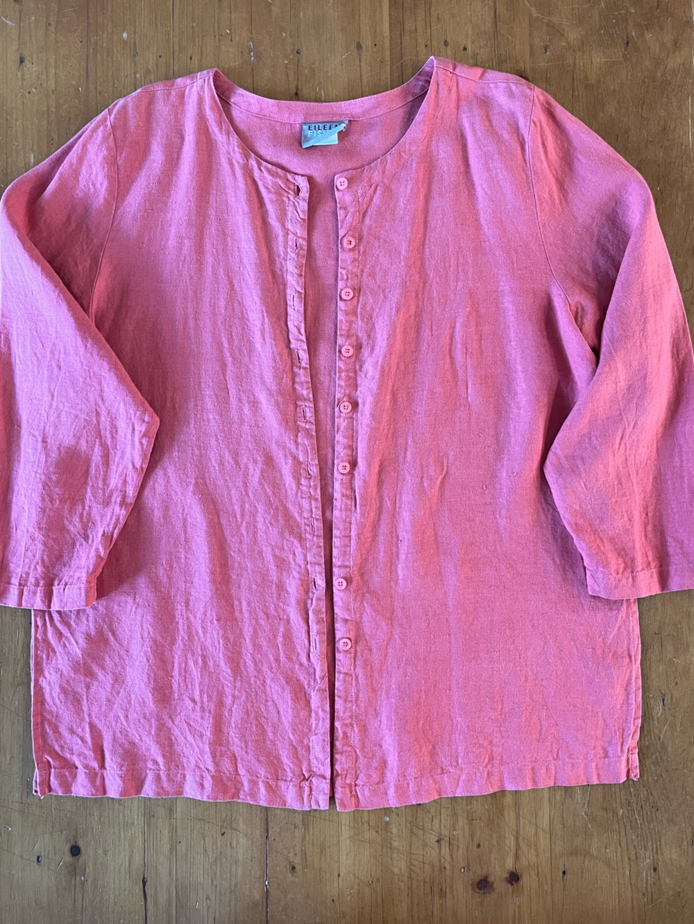 Eileen Fisher Coral Linen Collarless 3/4 Sleeve Button Down Shirt / Jacket